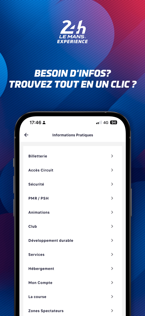 Capture d'écran de l'application mobile 24h Experience montrant le menu d'informations pratiques avec des options telles que la billetterie et l'accès au circuit