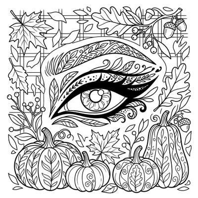 Discover the beauty of autumn with this unique coloring page designed for seniors. Featuring a stunning stylized eye with intricate eyeliner amidst falling leaves and festive pumpkins, it offers a relaxing creative experience.
