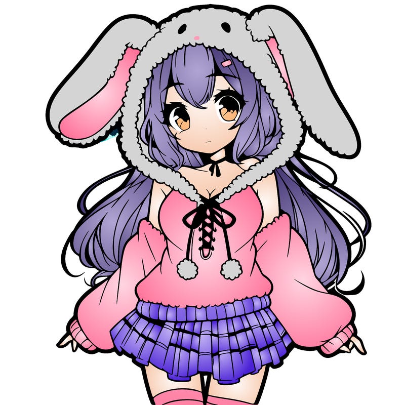 pretty anime girl wearing a fluffy hoodie with bunny ears on the hood and a skirt
