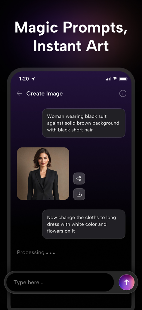 AI photo editor chat interface showing professional portrait generation from text prompts