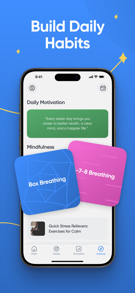 Sober Day - Sobriety Counter - Sober Day app interface showing daily motivation and mindfulness breathing exercises