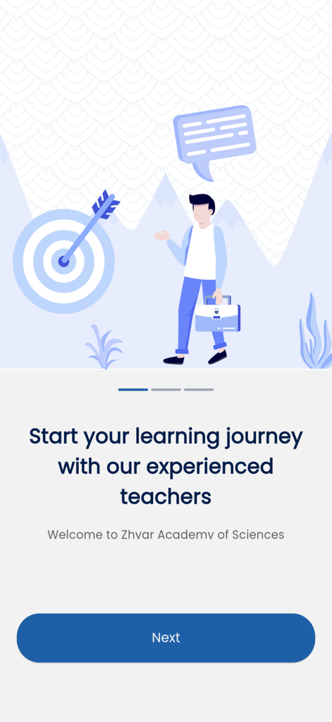 ZHYAR - Onboarding screen of the ZHYAR Academy of Sciences app featuring a teacher illustration and a target goal