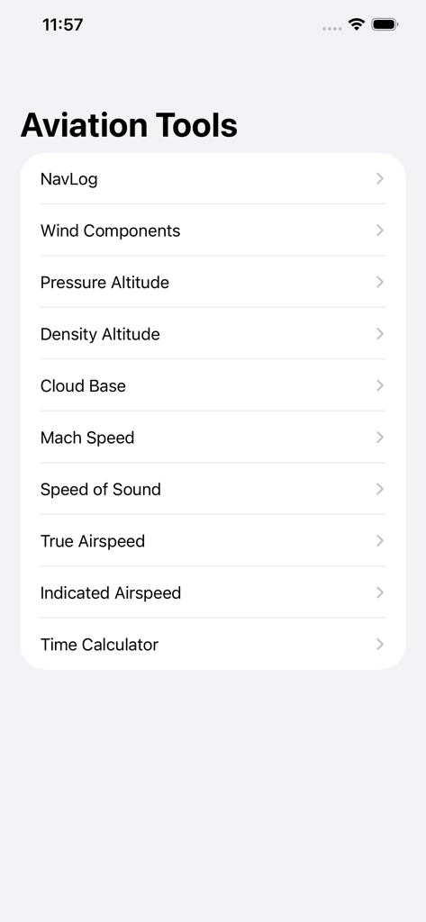 Main menu of the Pilot Toolkit app listing various aviation tools and calculators including NavLog and Wind Components