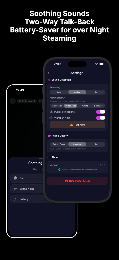 Slumberly - Baby Monitor - Settings screen of Slumberly baby monitor app showing sound detection controls and soothing sound options