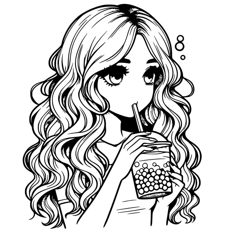 realistic girl drinks bobba with wavy hair