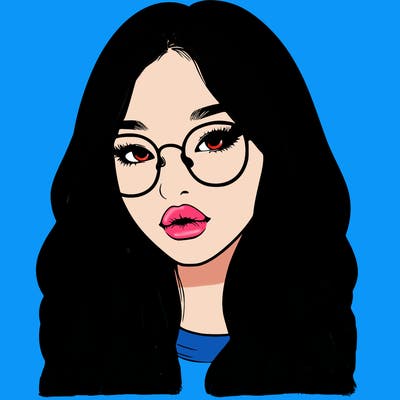 realistic korean girl with long hair, glasses and big lips