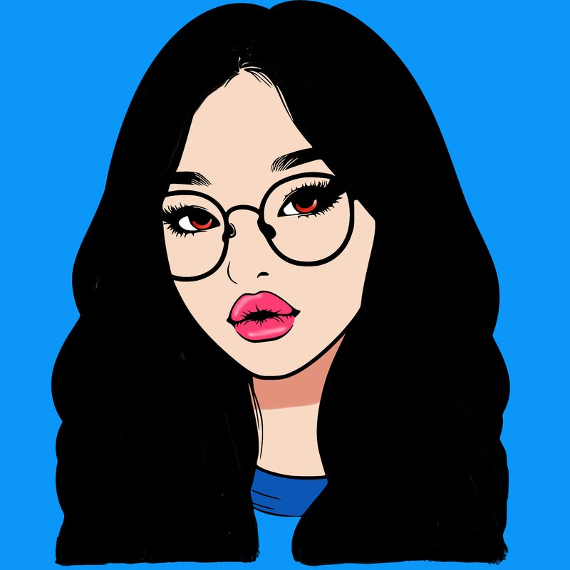 realistic korean girl with long hair, glasses and big lips