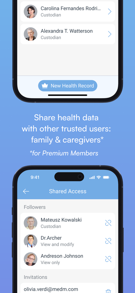 Capturas de pantalla de la aplicación Diario de presión arterial de MedM que muestran la función de acceso compartido para cuidadores y médicos