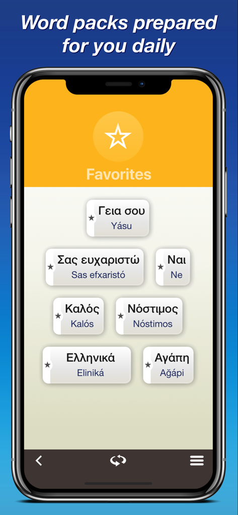 Greek by Nemo app interface showing daily word packs and favorite Greek phrases like hello and thank you on a smartphone screen