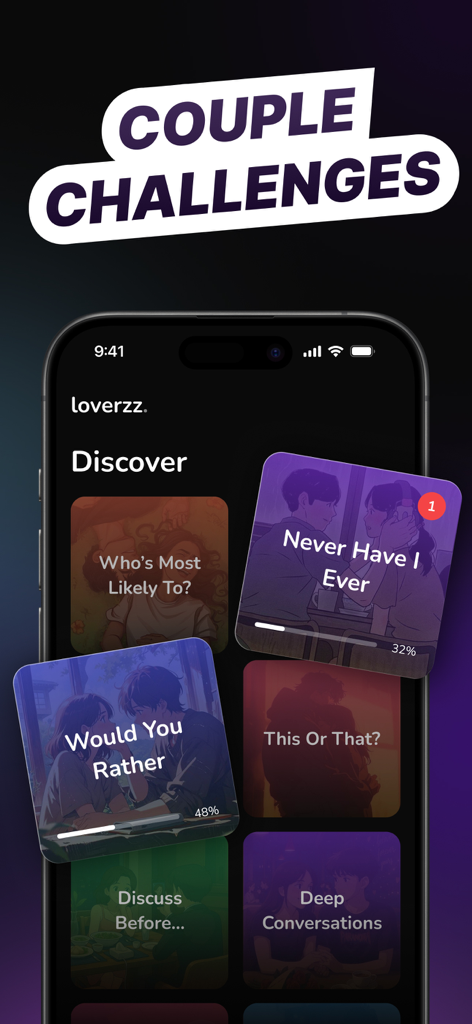A smartphone displaying the Loverzz app interface with various couple challenges including Never Have I Ever and Would You Rather
