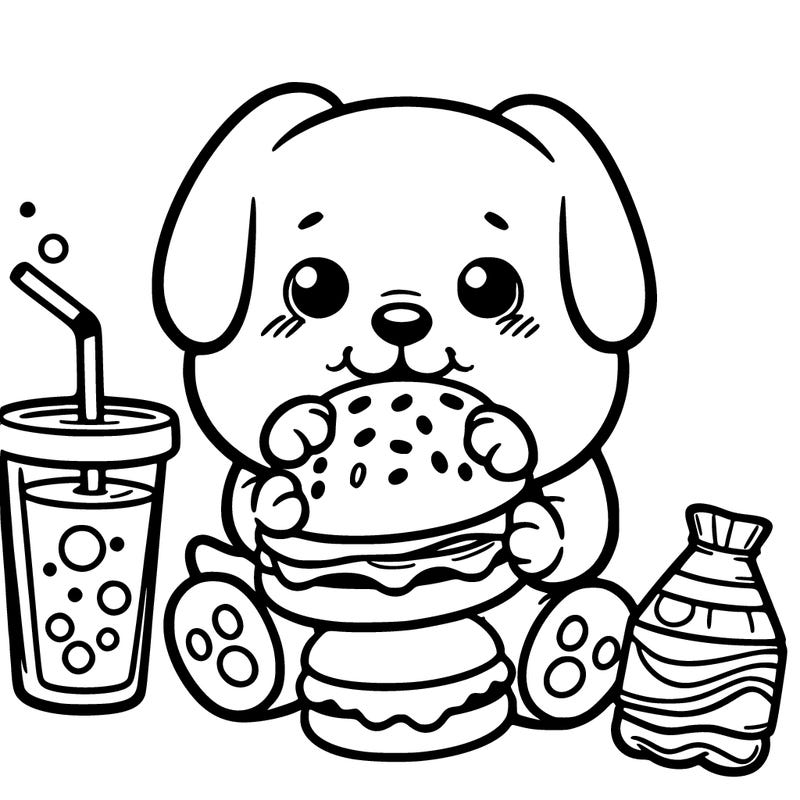 puppy eating a burger and soda