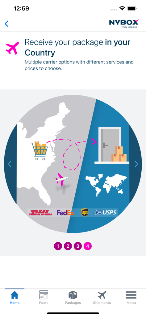NYBox - NYBox app interface showing international shipping from the USA with various carrier options