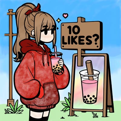 girl with oversized hoodie drinking boba and she has a high ponytail with a sign that says 10likes?
