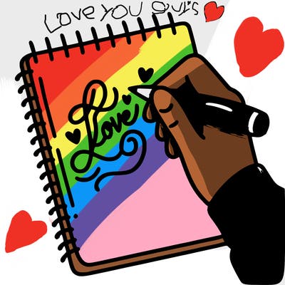 a hand writing “love” in calligraphy on a notebook