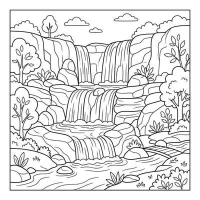 Explore the beauty of nature with this segmented waterfall coloring page designed just for kids. This delightful scene offers multiple cascades, rocks, and foliage, promising hours of creative fun.