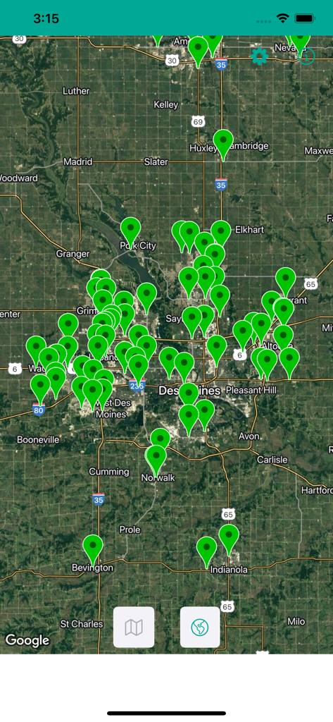 E85 Stations USA - Satellite map showing E85 fueling station locations with green markers
