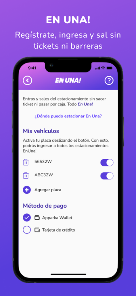 Apparka app screen showing vehicle license plate management and payment method selection for parking