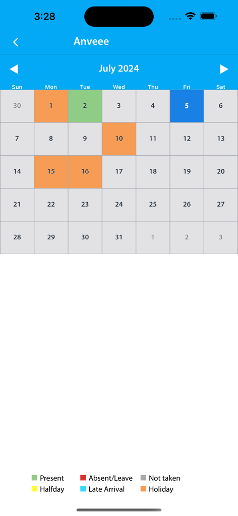 School Diary - Mobile app screenshot showing a color-coded student attendance calendar for July 2024 in the School Diary app.