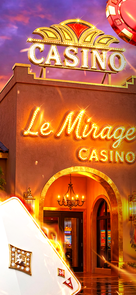 輝く看板と黄金のアーチウェイがある、豪華に照らされたカジノ・ル・ミラージュの入り口