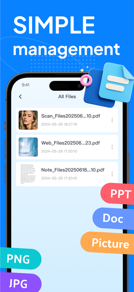 PDF Editor: Scan & Convert - A mobile app interface displaying a list of managed files including PDFs, documents, and images.