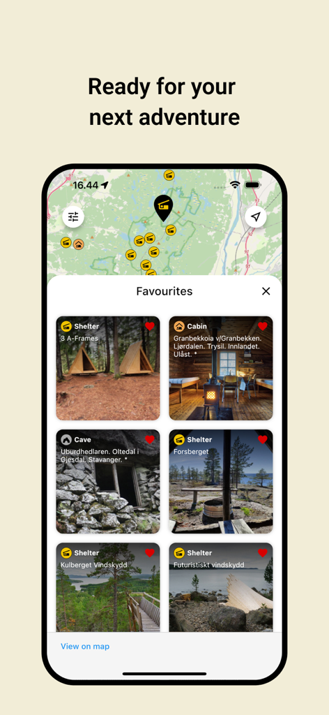 Vildnis - Mobile app screen showing a curated list of favorite wilderness shelters, cabins, and caves for camping in the Nordic region.