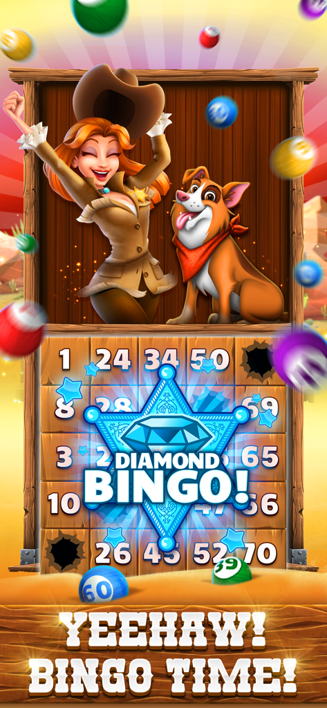 Una alegre vaquera y su perro celebran una victoria de Bingo Diamante en un escenario del Salvaje Oeste.