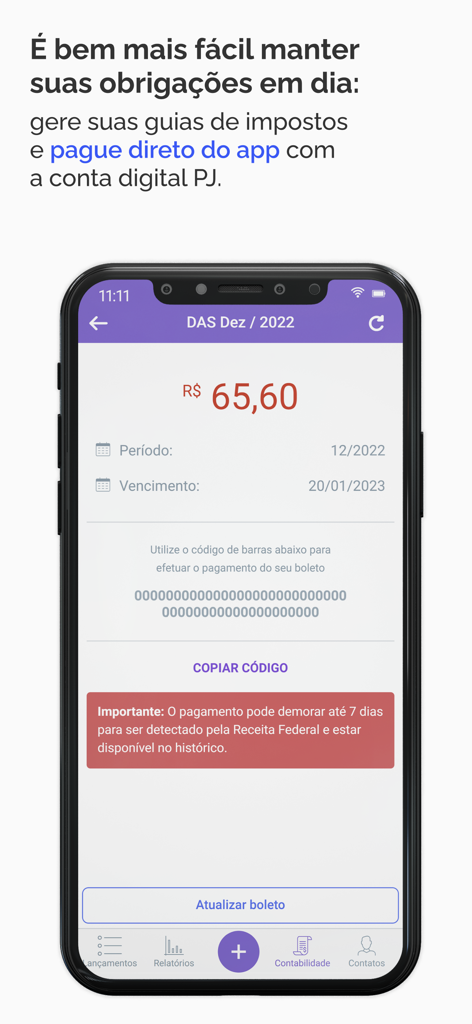 Qipu Contabilidade Abra CNPJ - Interfaz móvil de la aplicación Qipu que muestra una guía fiscal DAS mensual para una pequeña empresa brasileña