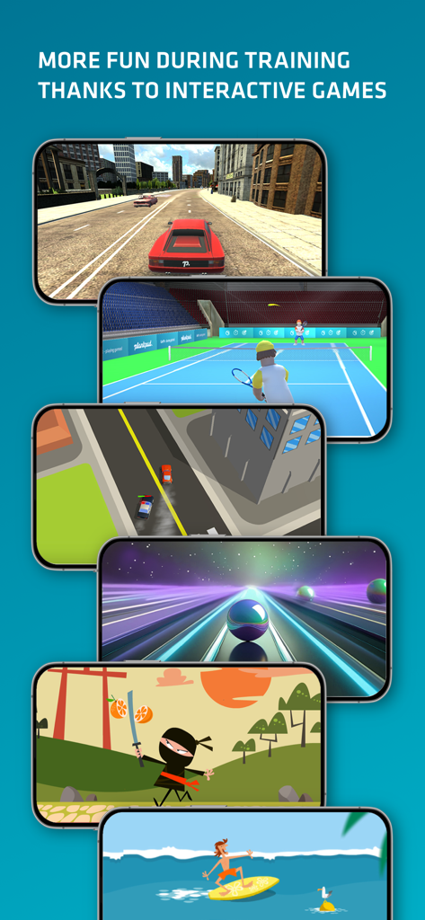 Una raccolta di colorate schermate di gioco interattive dall'app Plankpad, tra cui corse, tennis e surf
