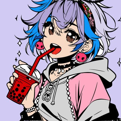 hot baddie anime girl drinking boba and biting the straw