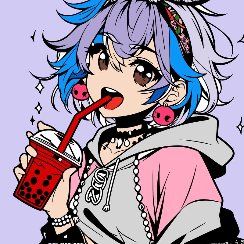 hot baddie anime girl drinking boba and biting the straw