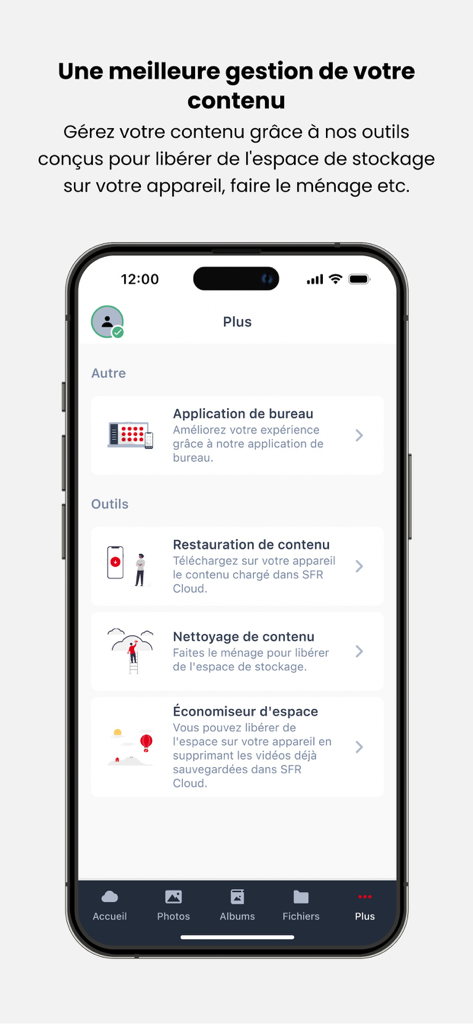 SFR Cloud - Interface de l'application SFR Cloud montrant les outils de gestion du stockage et de restauration du contenu