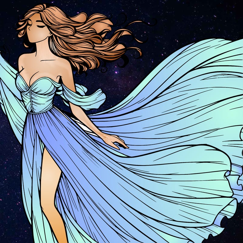 realistic woman in dress flowing the the wind