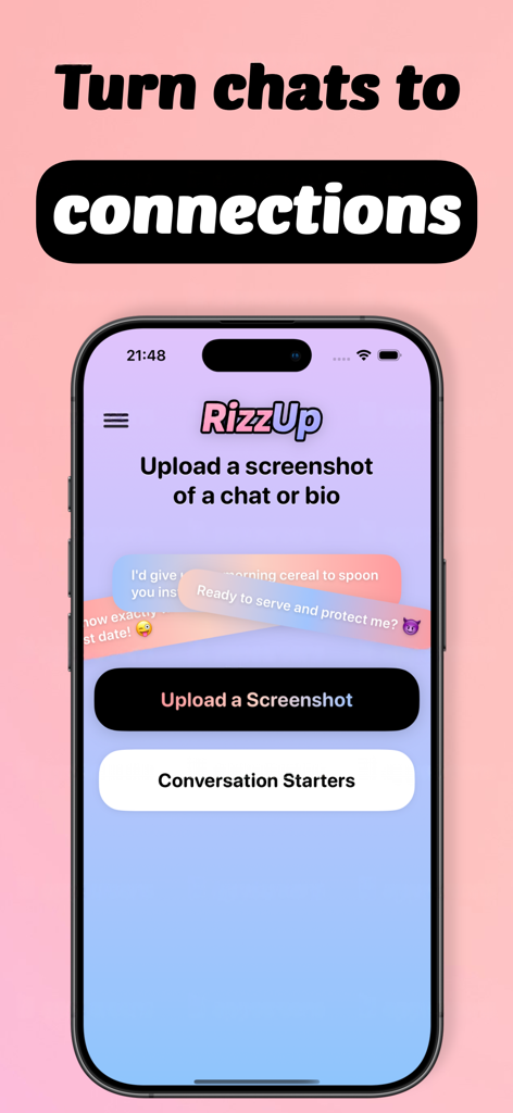 RizzUp – Text Like a Pro - RizzUp app home screen interface showing the upload screenshot button for generating AI dating replies