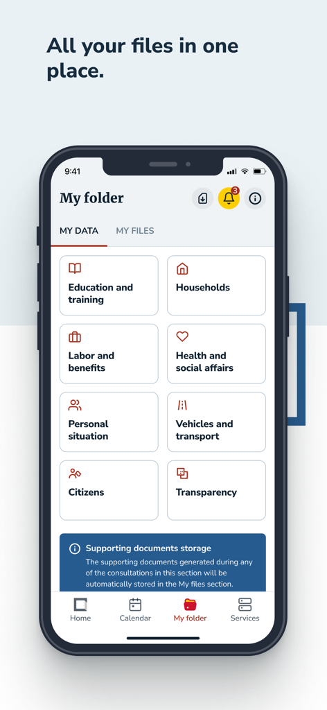 Mi carpeta Ciudadana - Interfaz de la app Mi Carpeta Ciudadana mostrando diversas categorías de administración como registros de educación, salud y laboral.