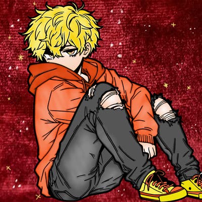 a male hoddie ripped jeans messy hair anime