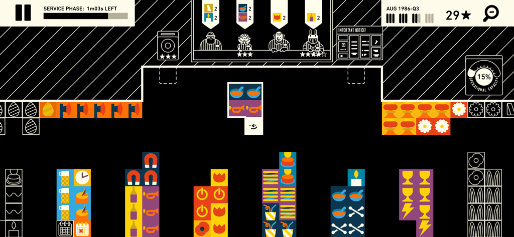 Wilmot's Warehouse - A minimalist top-down view of Wilmot carrying a stack of products in an organized warehouse during the service phase