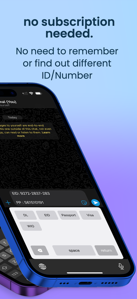 Paste : Copy keyboard - A mobile interface of Paste Copy keyboard showing easy access to stored IDs and passports without a subscription.