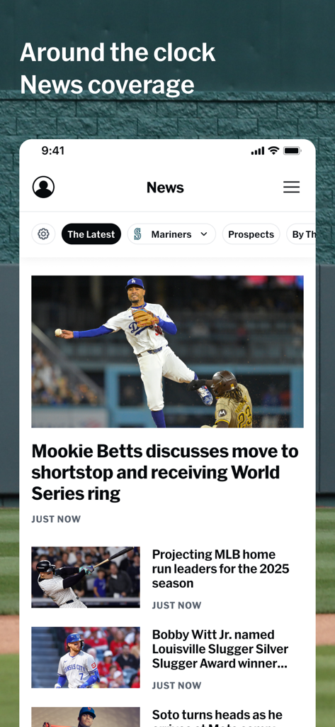 MLB app news feed showing baseball headlines and articles