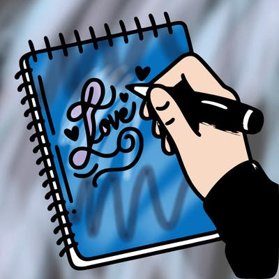 a hand writing “love” in calligraphy on a notebook