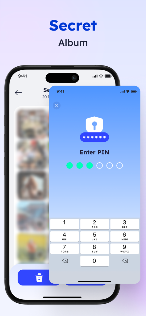Junk Cleaner - AI Clean Up - iPhone interface showing a PIN code entry screen for a private secret photo album
