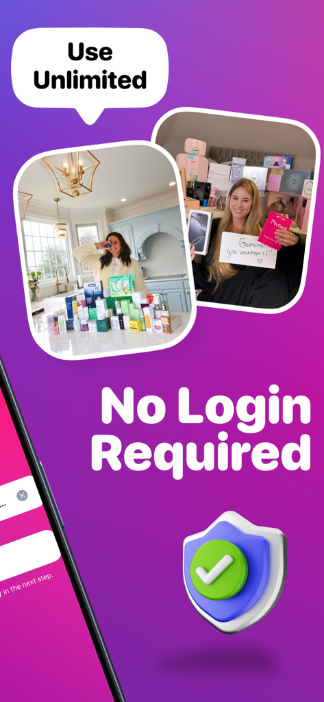 Rafi - Giveaway for Instagram - Tela promocional do aplicativo Rafi com a mensagem de que não é necessário login e criadores com prêmios de sorteio