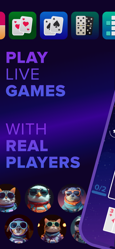 Promotional screen for popin app showing live games with real players and stylized animal avatars