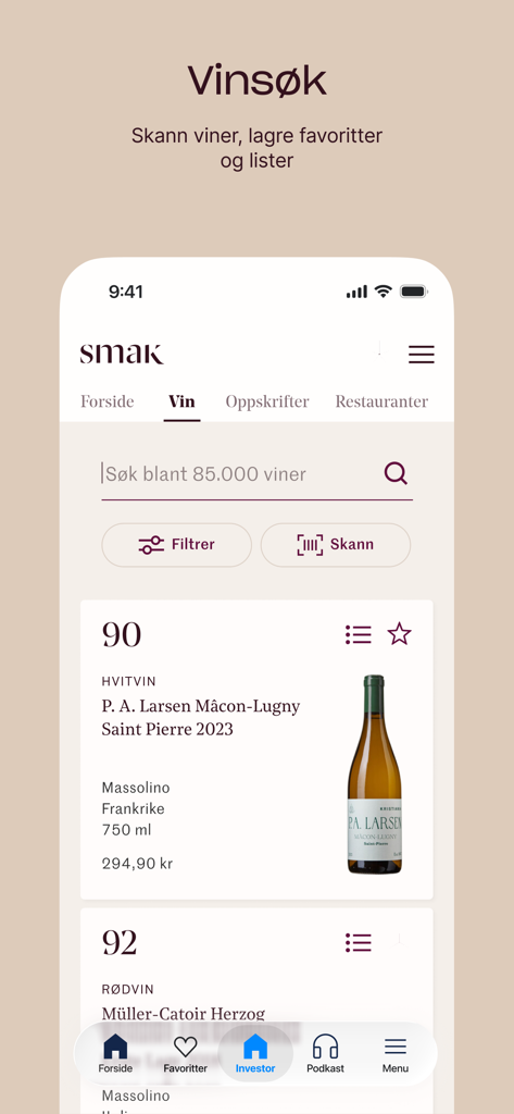 Oberfläche der DN App Wein-Suchfunktion mit Weinbewertungen und Suchoptionen