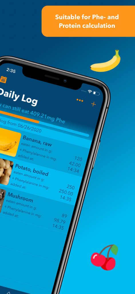 DietAssistant for PKU - Pantalla de smartphone que muestra el registro diario de alimentos de DietAssistant para PKU con seguimiento de fenilalanina.