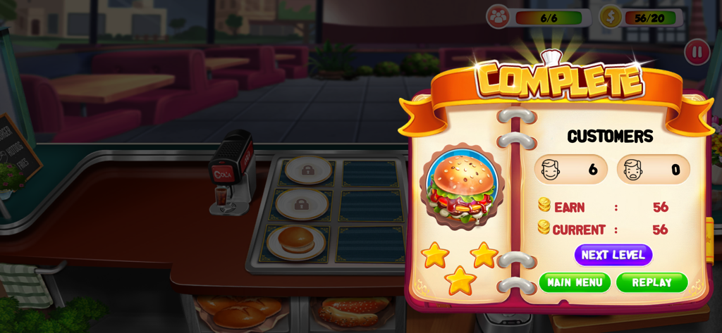 Cooking Games - Food Games - Pantalla de fin de nivel en un juego simulador de cocina que muestra estadísticas y una recompensa de hamburguesa