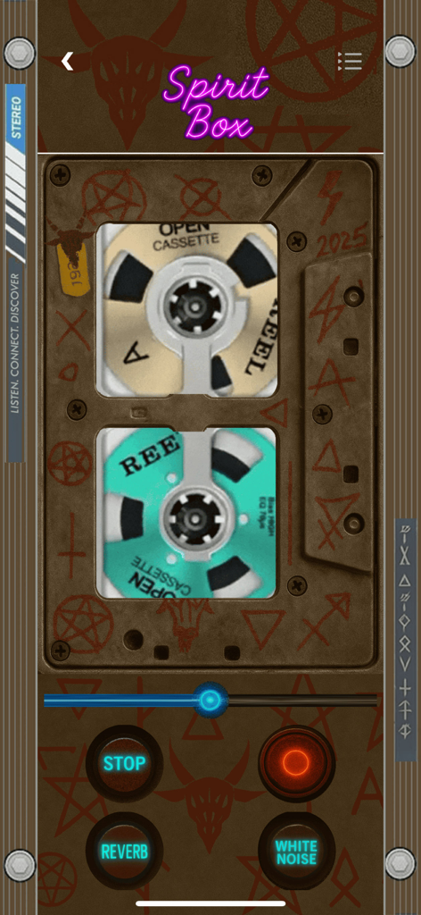 Spirit Entities Talker - Interface of the Spirit Box feature in Spirit Entities Talker showing a vintage cassette player design with occult symbols and audio controls.