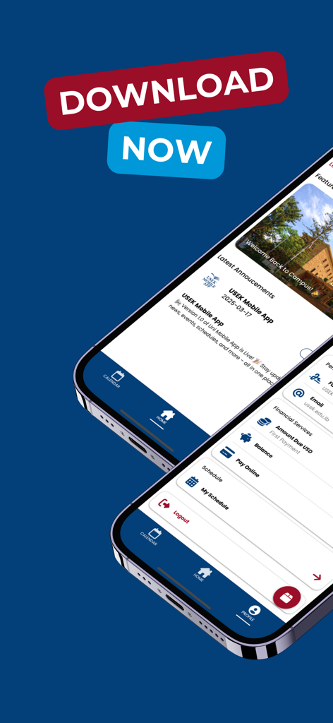 Prévia da interface do aplicativo USEK Oficial mostrando anúncios universitários e páginas de perfil do estudante.