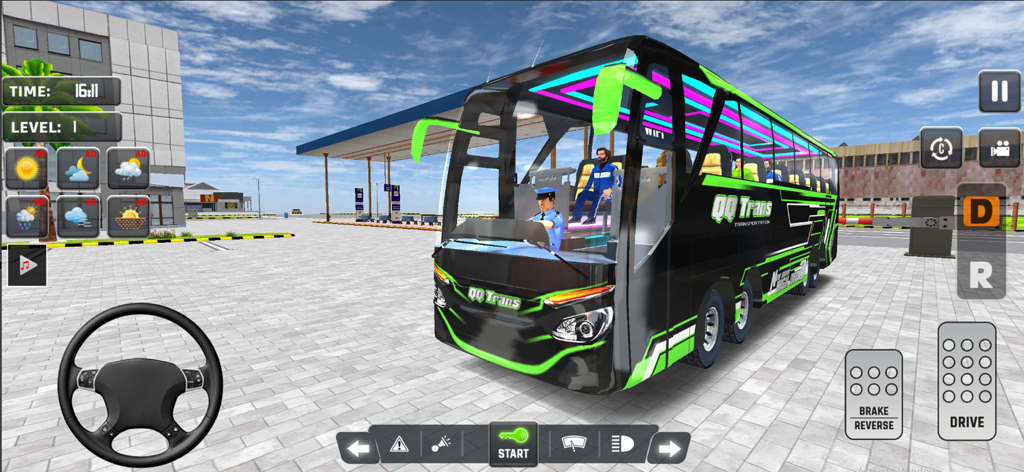 Coach Bus Simulator Game 2022 - Captura de pantalla del juego de Coach Bus Simulator Game 2022 mostrando un autobús negro personalizado con detalles de neón en una terminal.