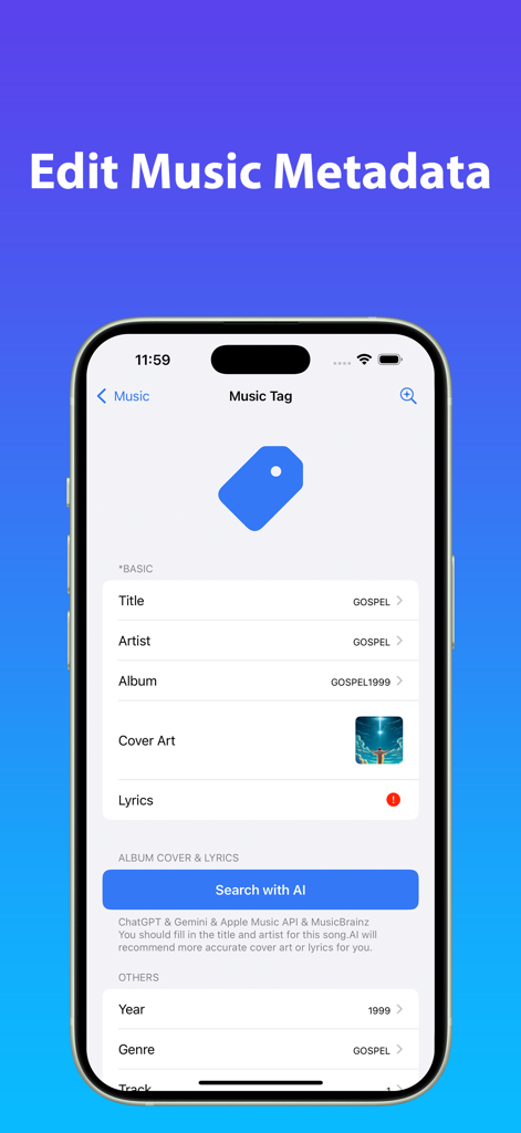 MP3 Tag Pro：Music Tag Editor - Smartphone screen showing the MP3 Tag Pro interface for editing music metadata and searching for cover art using AI