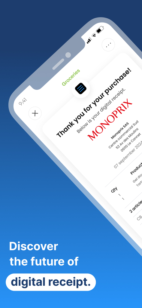 CHECK - Your digital receipts - A digital receipt from Monoprix displayed on a smartphone using the CHECK app.